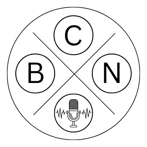 Christopher Brown - Voice Work & Audiobook Narration Round logo with the letters C, B, and N in circles. A fourth circle, at the bottom, contains a microphone and audio waveform